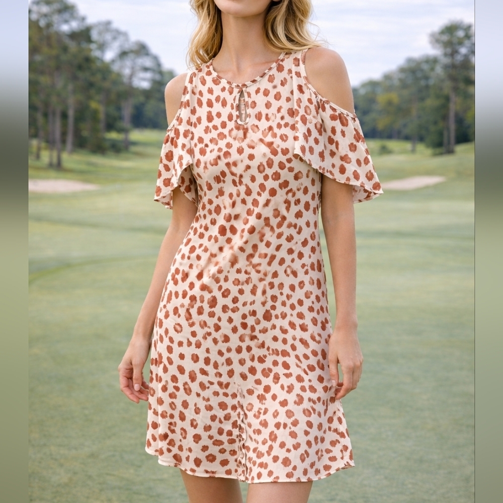 Cato Blush and Rust Leopard-Print Cold-Shoulder Mini Dress.